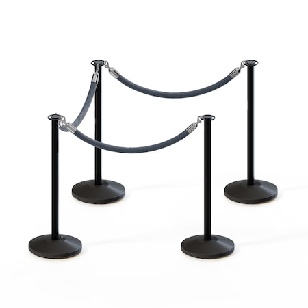 Montour Line Stanchion Post and Rope Kit Black, 4 Flat Top 3 Gray Rope 4-BK-FL-3-PVR-GY-PS